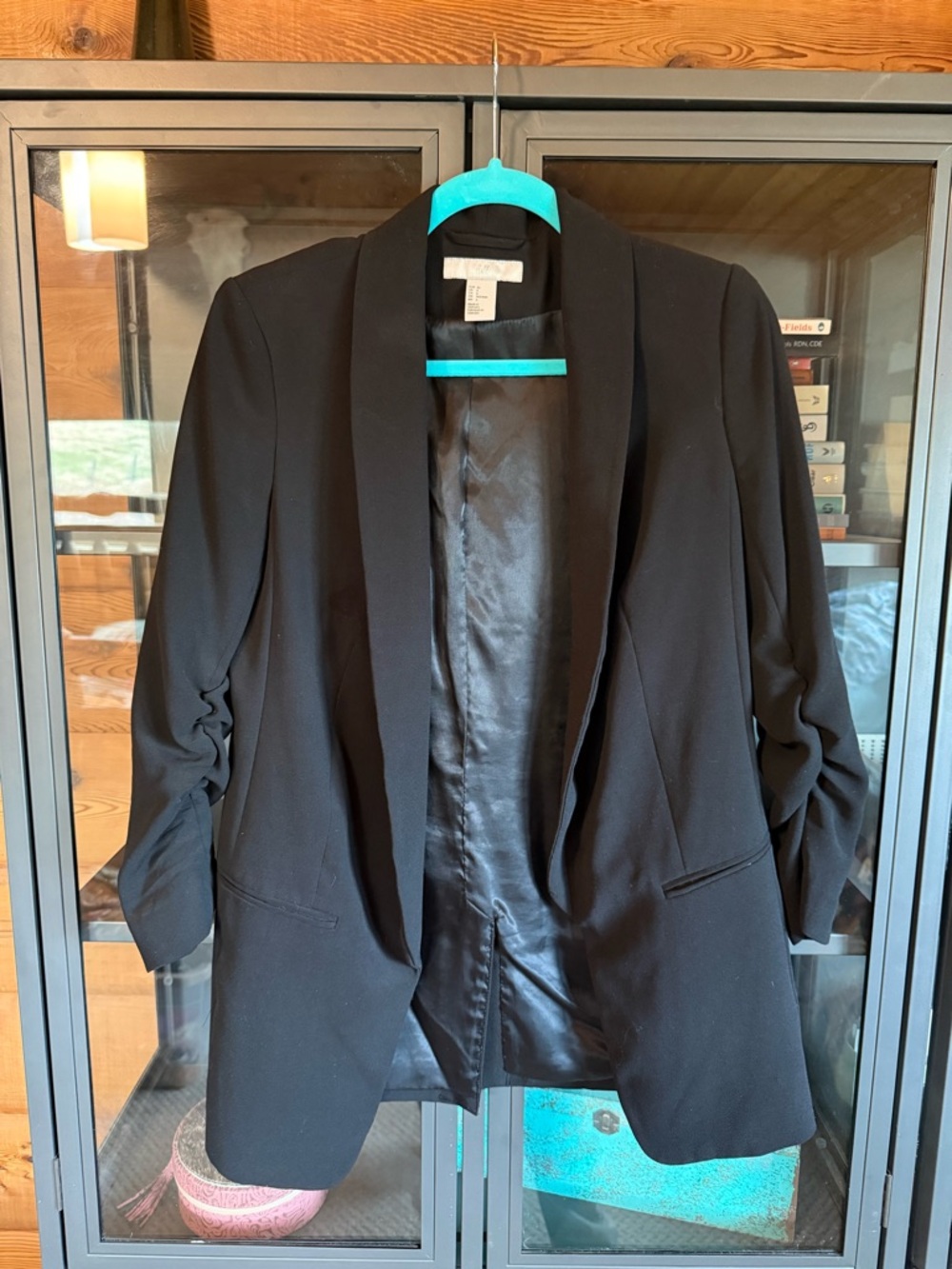 H&M Black Open-Front Draped Blazer with Ruched Sleeves